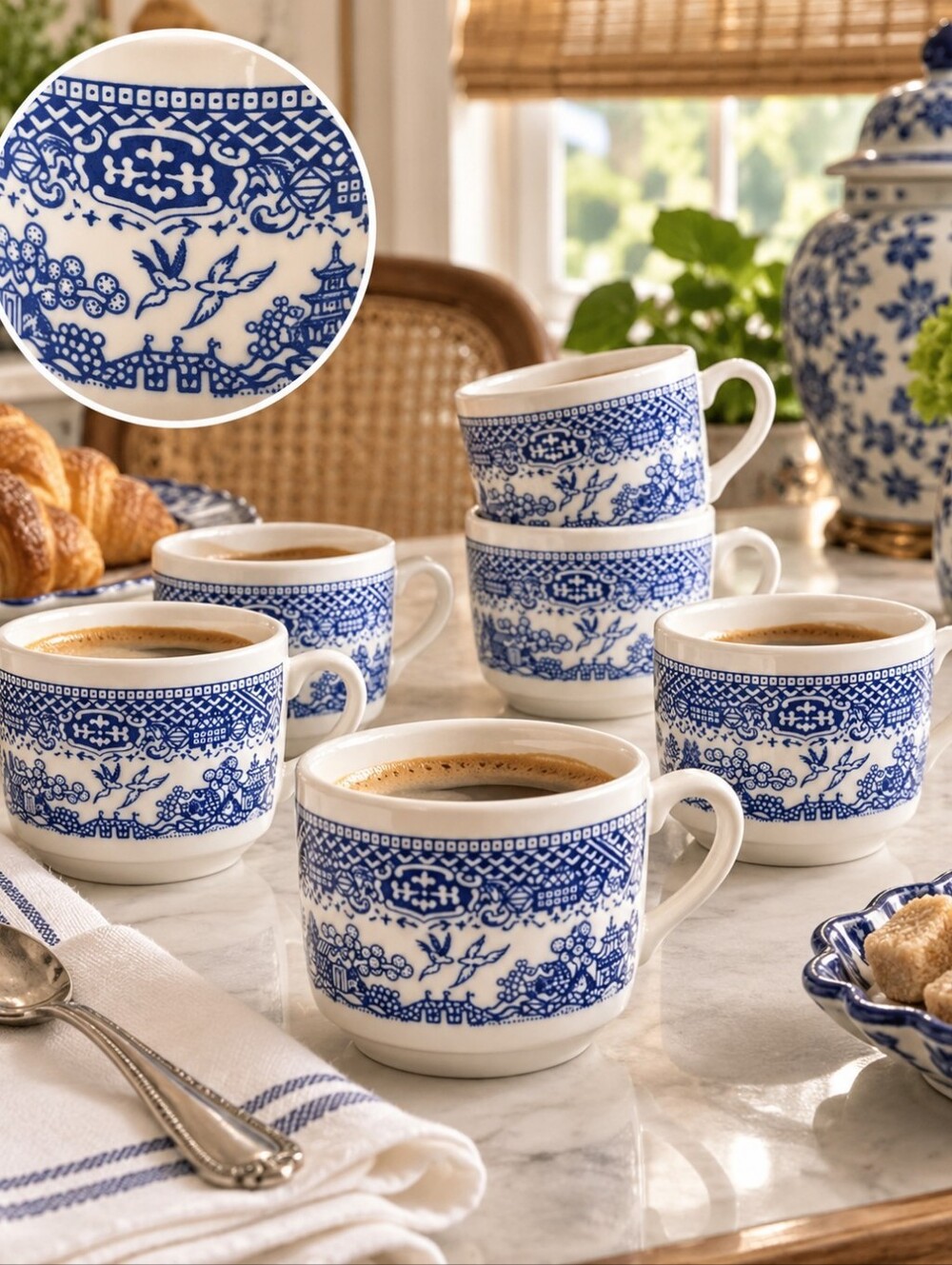Vintage Blue Willow Espresso Tea Cups Set of 6 Made in USA Blue White